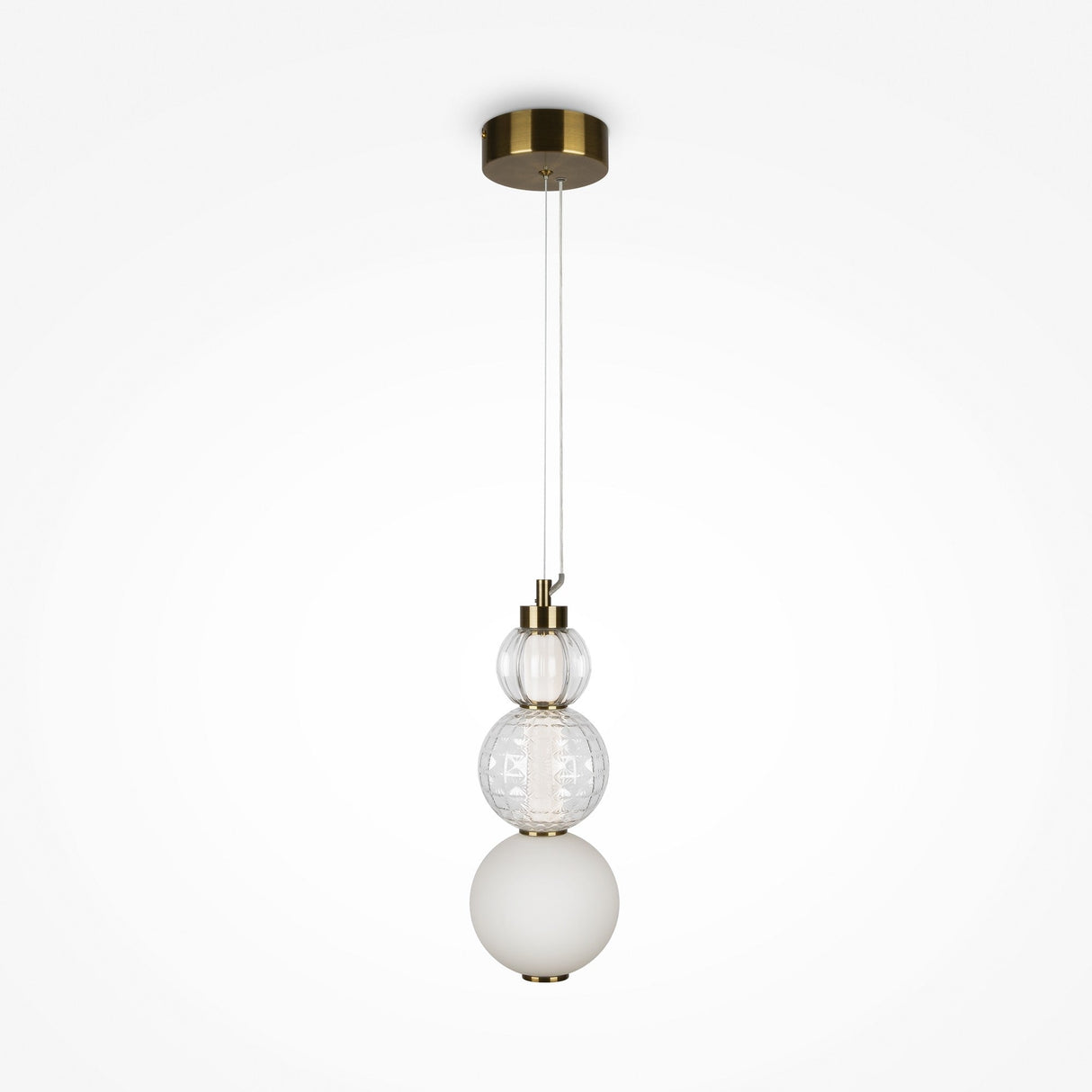 The Collar LED Pendant Light 16W - Gold features a brass fixture with a gold finish and three spheres: clear glass on top, textured in the middle, and frosted on the bottom, providing elegant ambient lighting.
