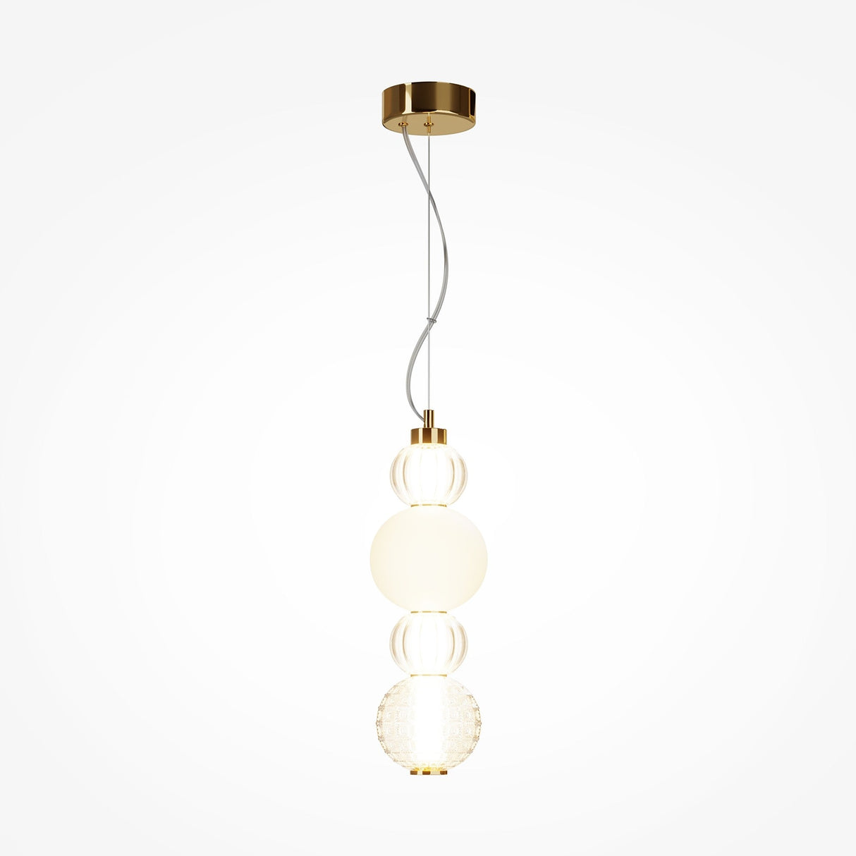 The Collar LED Pendant Light 17W - Gold features a modern gold finish ceiling mount with three vertically arranged globe-shaped lights on a single cable, offering varied textures for an elegant contemporary design against a white background.