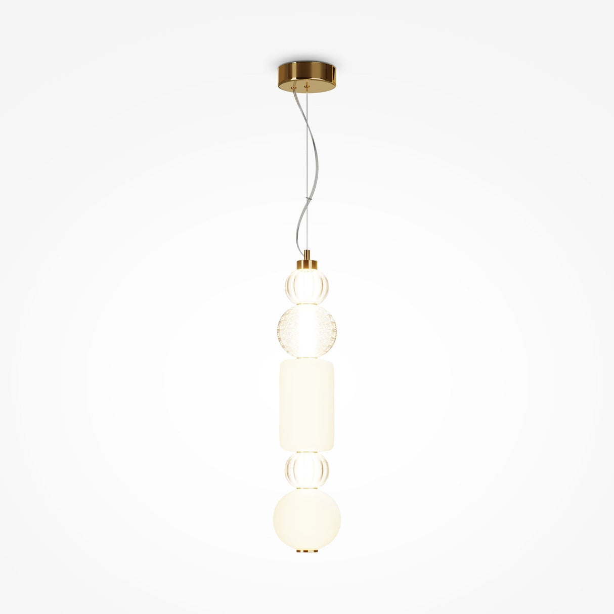 The Collar LED Pendant Light 35W - Gold features a graceful ceiling suspension with an elegant vertical design. It includes three stacked clear and frosted textured glass elements, all illuminated by an integrated LED strip.