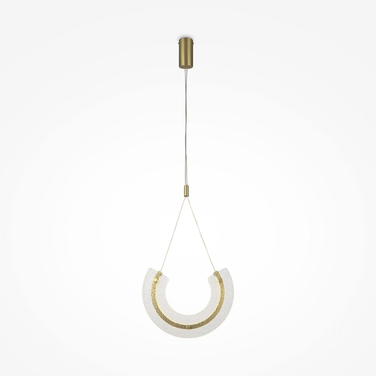 The Maya LED Glass Pendant Light - Gold showcases a crescent-shaped, textured transparent glass shade suspended from thin wires with a small cylindrical mount. Its gold-colored metal fittings create a stylish smile against a plain white background.