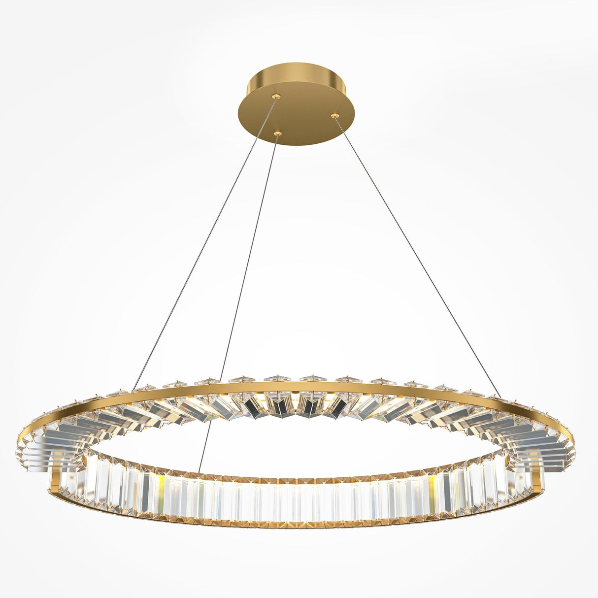 The Krone LED Circular Crystal Suspension Light 62cm - Gold is a modern chandelier featuring a luxurious gold finish and crystal accents. It elegantly hangs from four thin black wires against a plain white background, offering contemporary lighting at its finest.