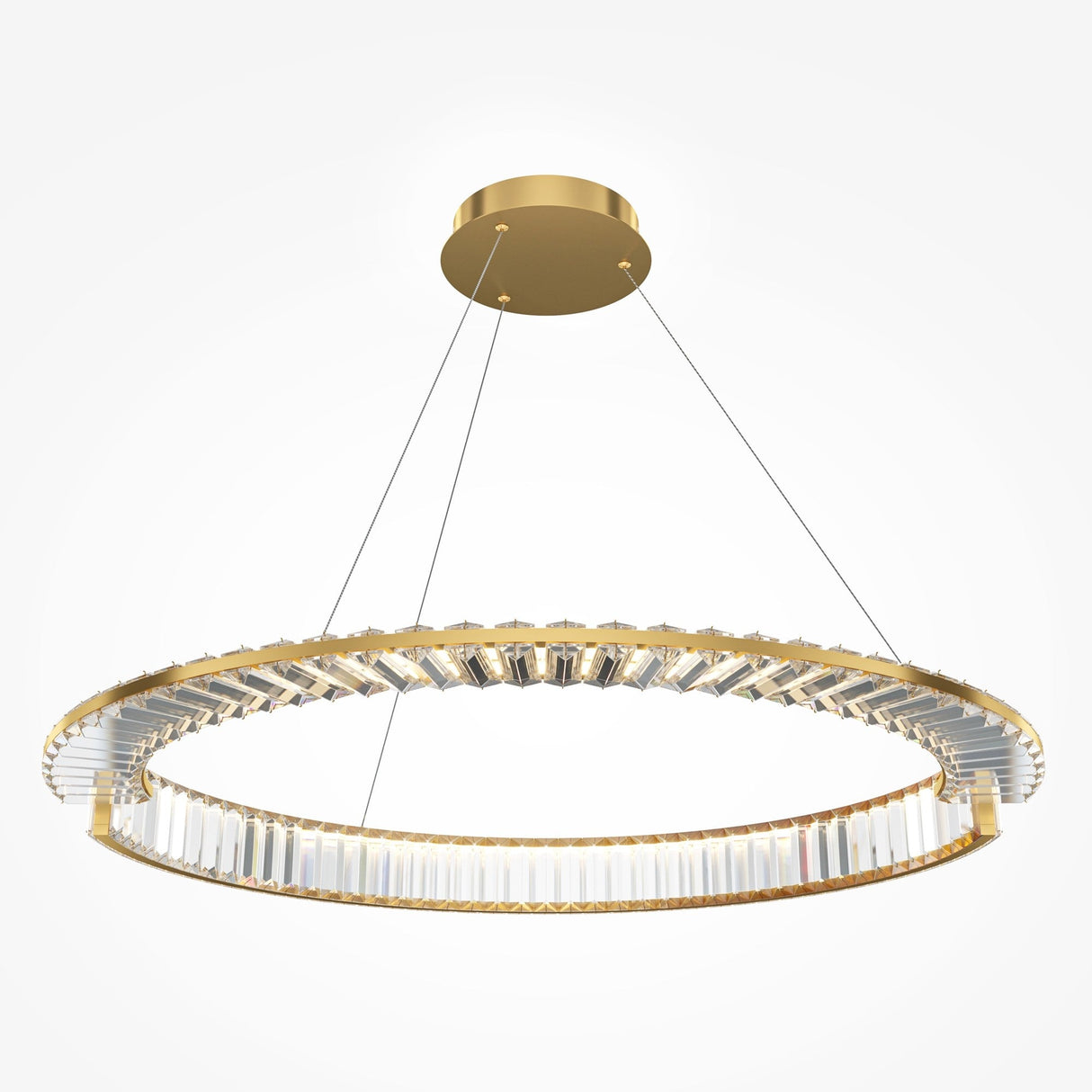 The Krone LED Circular Crystal Suspension Light 80cm - Gold is a luxury chandelier with a gold metal frame and clear rectangular crystal prisms, suspended by thin wires. Its modern design stands out beautifully against a plain white background.