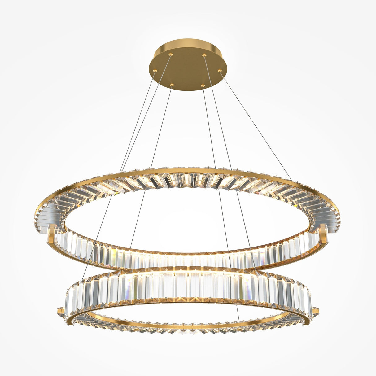 Presenting the Krone 2 Tier LED Circular Crystal Suspension Light - Gold, a luxurious modern chandelier featuring two concentric rings with crystal accents. Suspended by thin cables from a circular ceiling mount, it illuminates spaces with radiant light through its elegant crystal design.