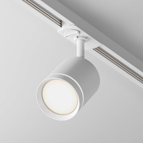 A ceiling-mounted Orlo LED Single Phase Unity Track Spotlight in white features a sleek cylindrical design delivering 4000K illumination. Attached to an elegant rail, this fixture provides adjustable lighting for focused illumination with a modern touch.