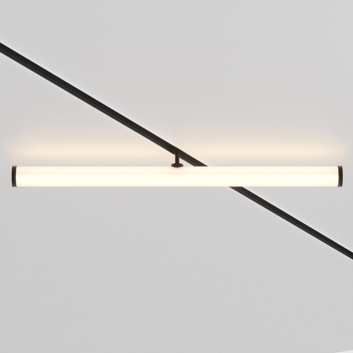 The Larc LED Rotating Linear Track Light for Magnetic Exility 25W 3000K - Black, with its modern, slim design and horizontal mount on the wall, features a diagonal black line that intersects energy-efficient lighting, creating a striking geometric contrast against a plain background.
