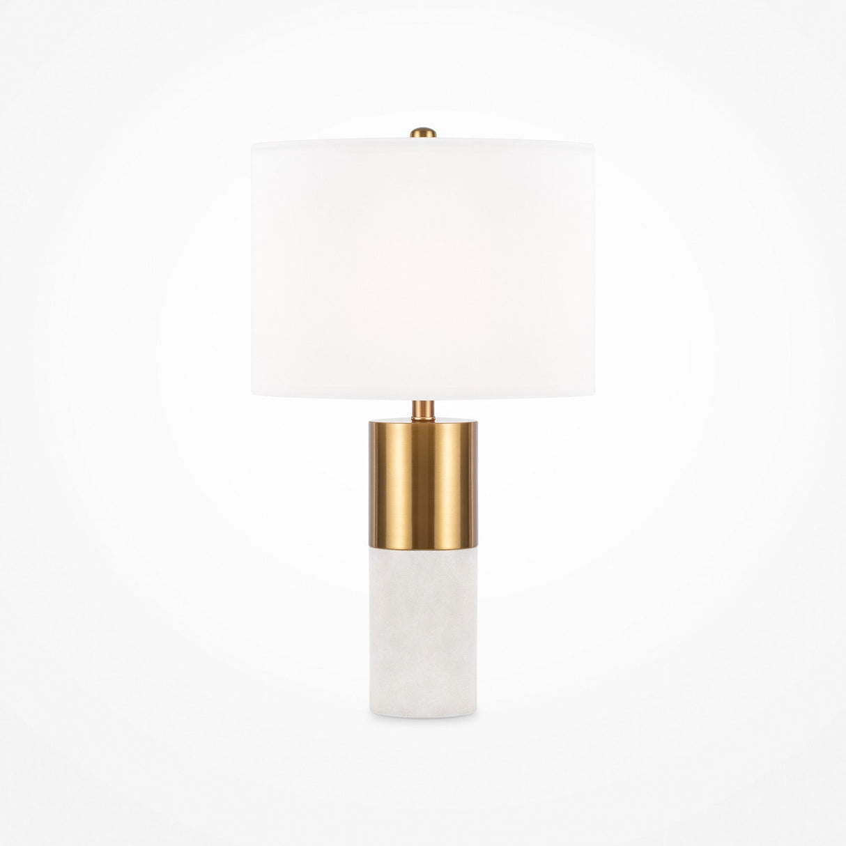 The Bianco Table Lamp - Brass & Alabaster With White Round Shade radiates modern elegance with its cylindrical shade and exquisite base, set against a plain white background.