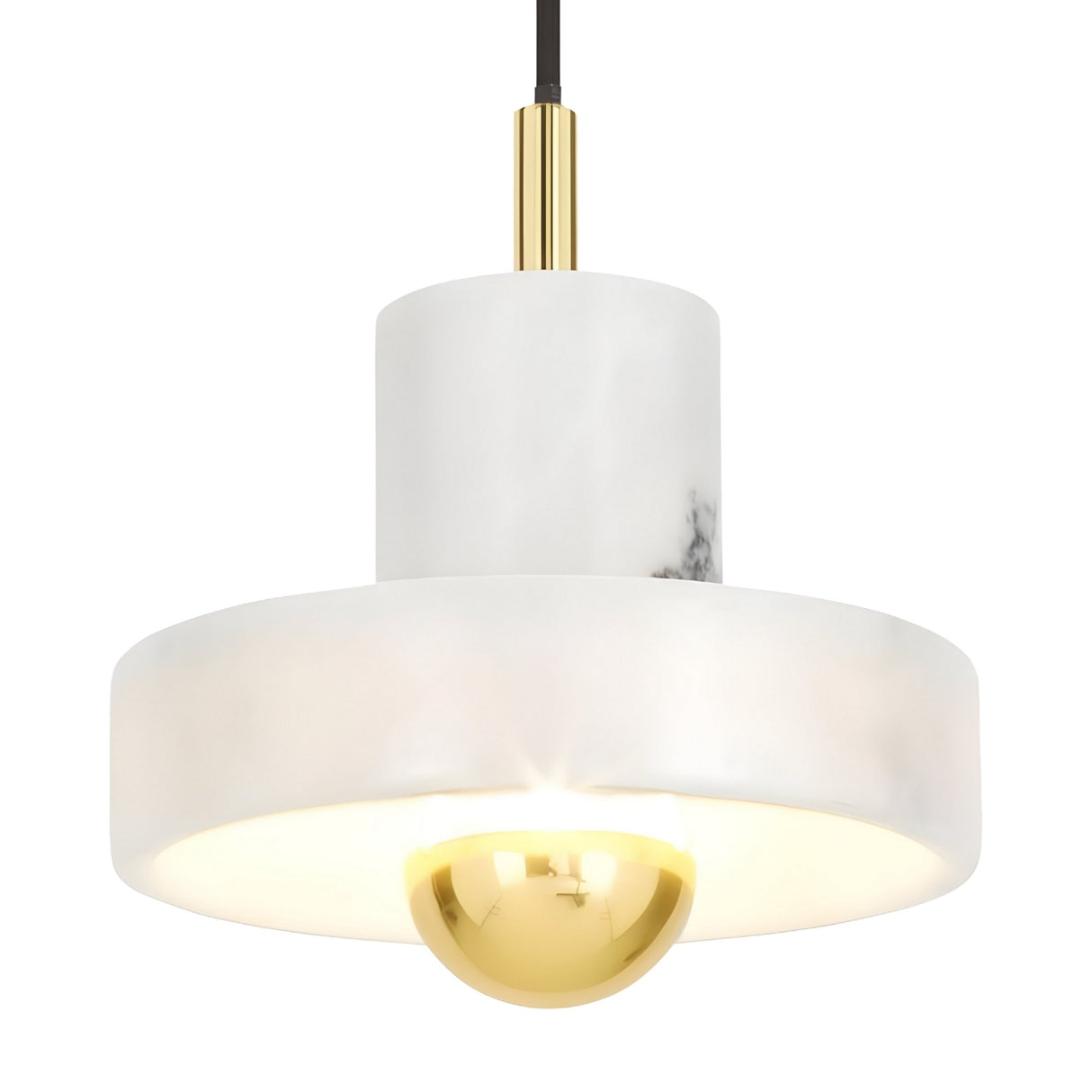 The Marble Pendant Light - White & Gold features a cylindrical white marble fixture, gold metal accent, and gold-tinted bulb, suspended from a black cord for a modern, luxurious look.