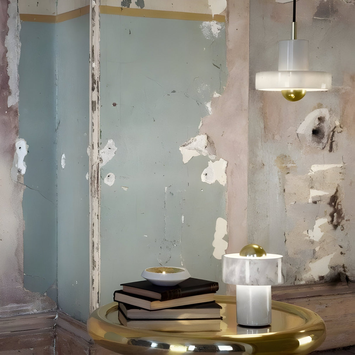 A round gold table with stacked books and a small bowl sits before a weathered wall. Above, a modern white and gold pendant lamp hangs, while the Marble Table Lamp - White & Gold adds a touch of luxury atop the table.