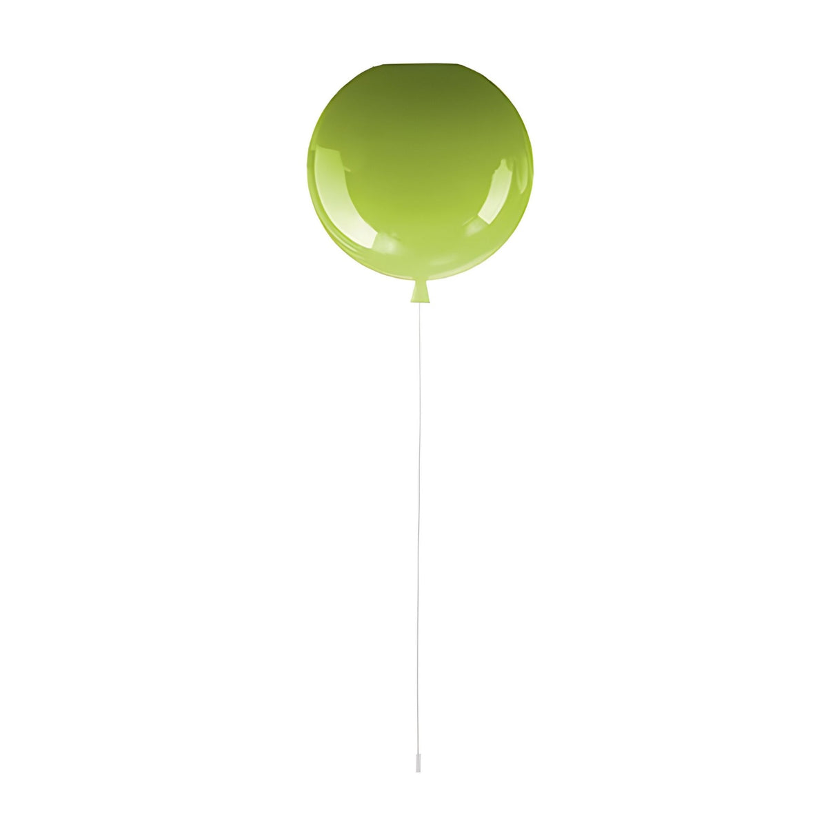 A shiny, green balloon with a string attached floats against a white background, resembling the playful Memory Ceiling Light, which is available in vibrant color options.