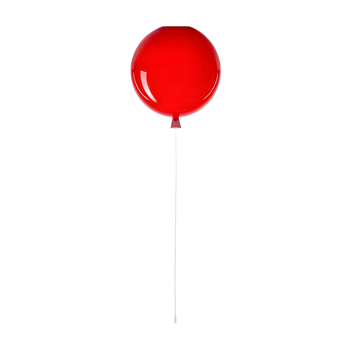 A single shiny red balloon with a thin white string floats upright against a plain white background, resembling the playful Memory Ceiling Light, which is available in vibrant colour options.