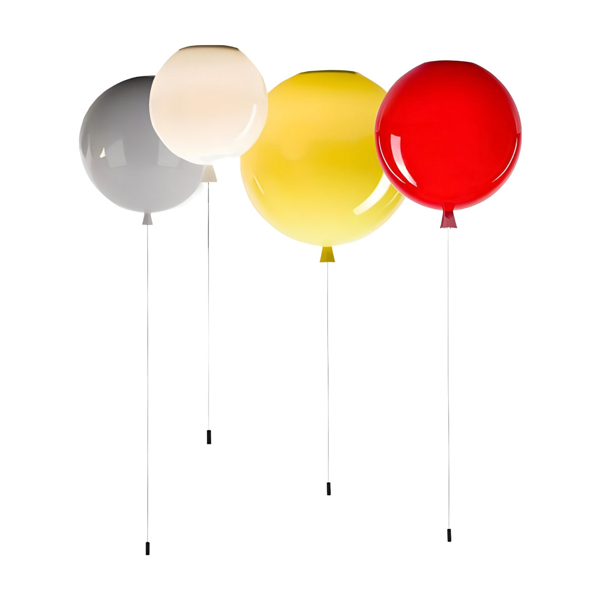 Three glossy balloon-shaped Memory Ceiling Lights in gray, white, yellow, and red float upright with thin strings attached against a plain white background—evoking a playful light fixture with vibrant colour options.