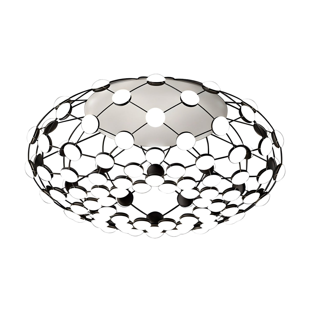 Mesh LED Ceiling Light - Black features a geometric metal frame with interconnected rings and white diffused lights in a web-like design—ideal for adding an ambient glow to modern interiors.