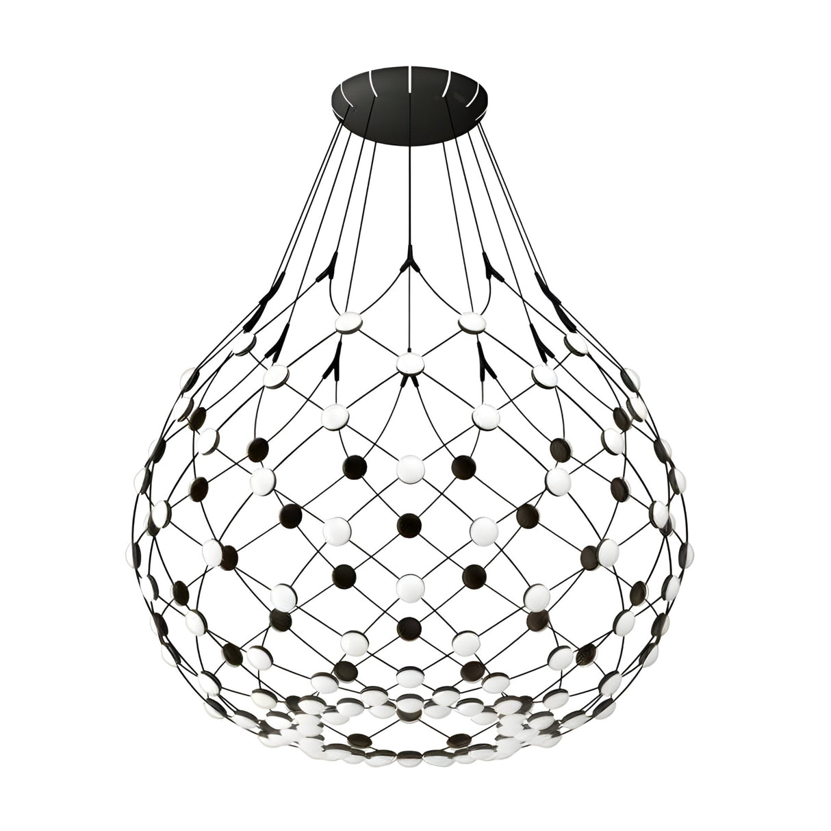 The Mesh LED Large Suspension Light - Black features a striking mesh-like geometric design with interconnected rods and spheres, creating a wide, rounded shape that makes it a standout piece of contemporary lighting.