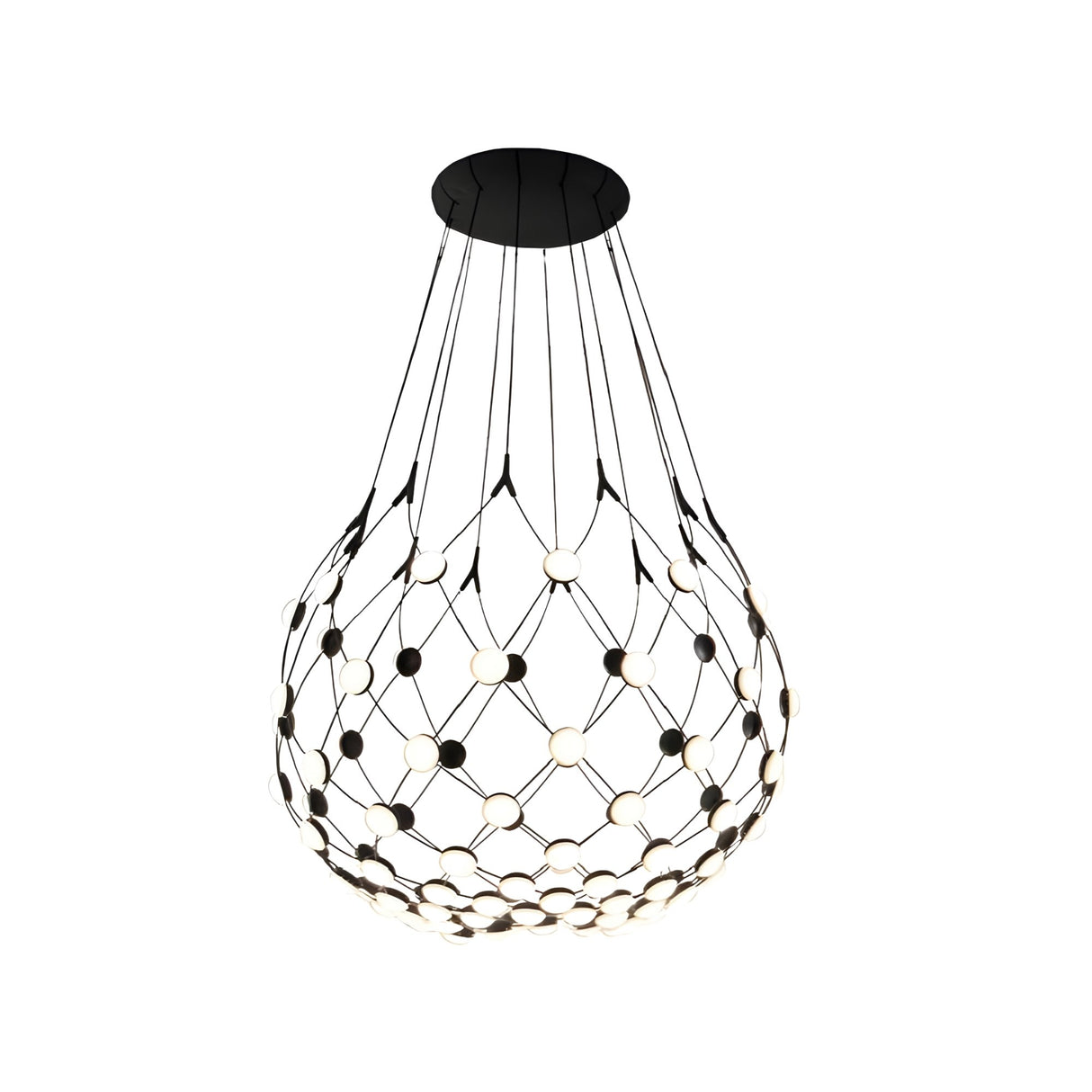 The Mesh LED Medium Suspension Light - Black features a modern teardrop shape with a black frame and multiple small round lights connected by thin black wires, offering an innovative lighting design.
