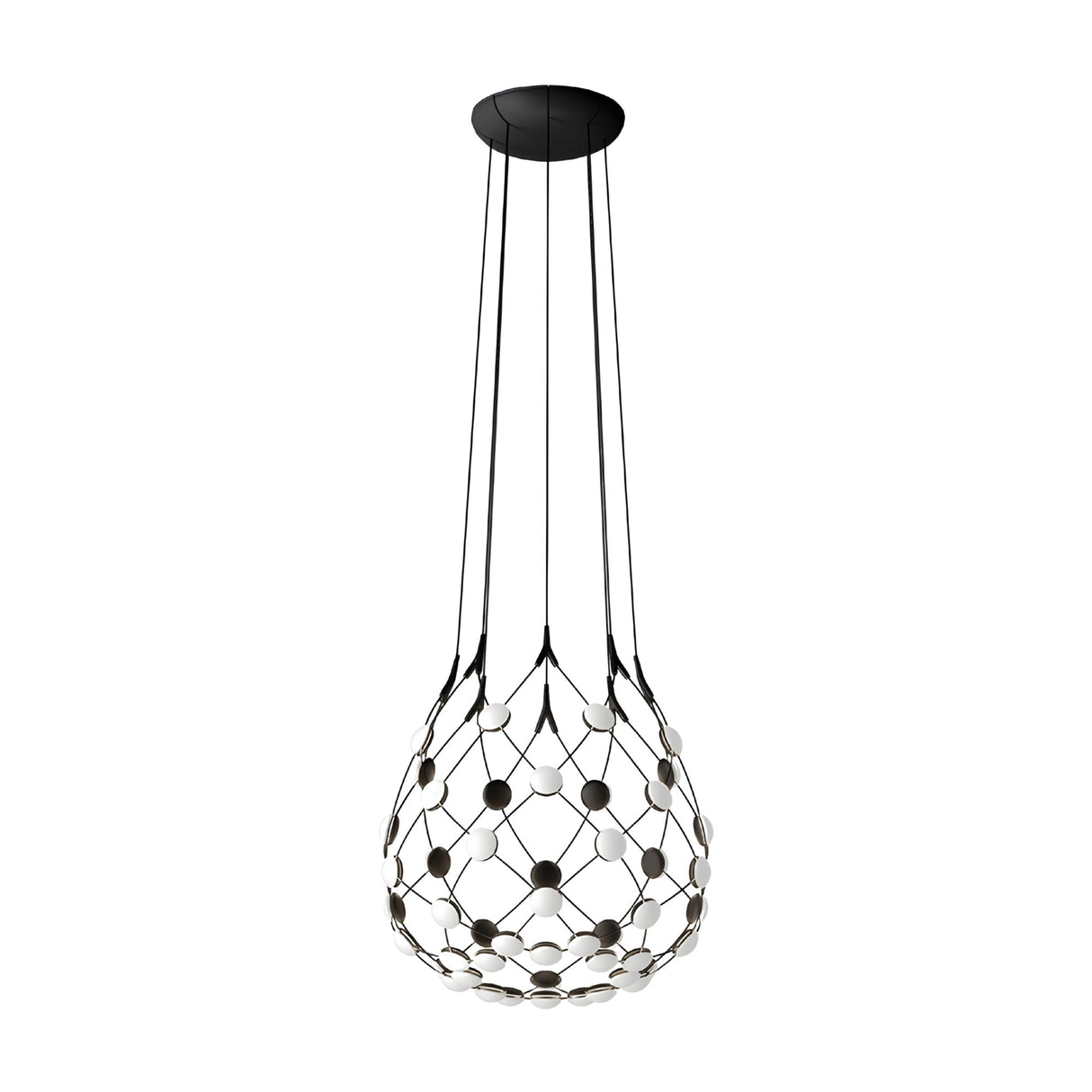The Mesh LED Small Suspension Light - Black features a black ceiling mount, slim cables, and a netted frame with circular white and black elements in an elegant teardrop shape, bringing modern, minimalist style to any space.