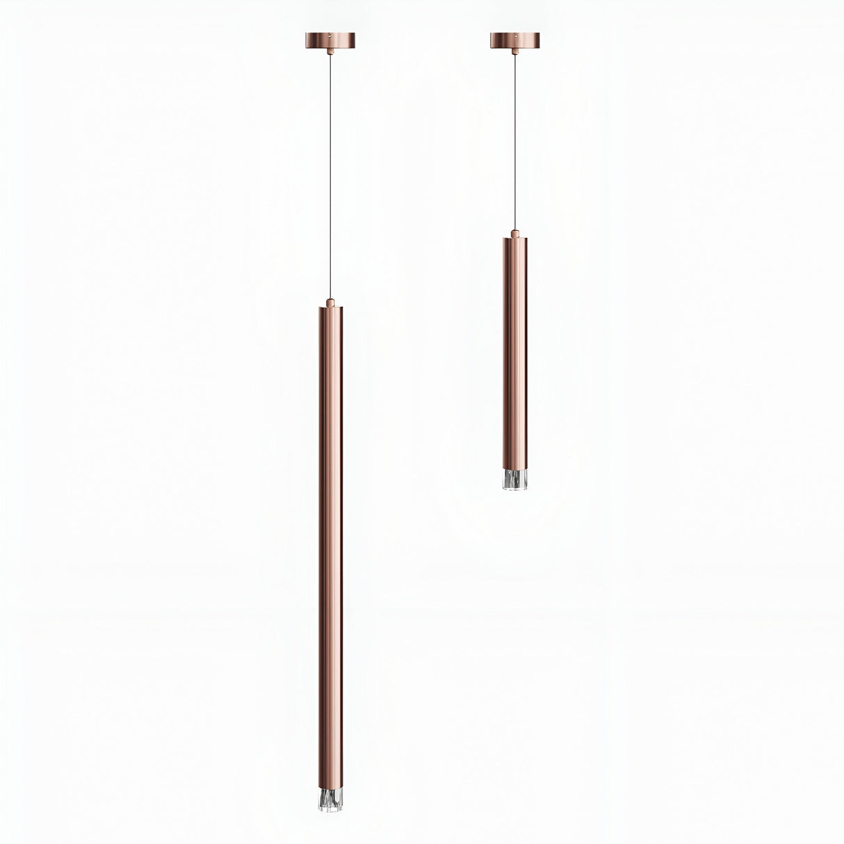 Two modern Micro LED Pendant Lights - Copper, one slightly longer than the other, hang from thin wires against a plain white background, creating a customizable lighting display for any space.