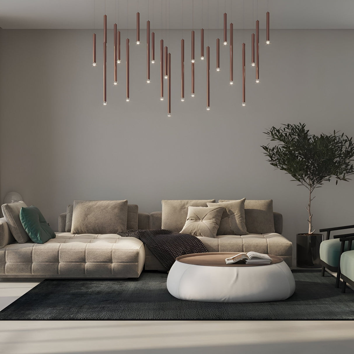 A modern living room with beige sofas, a round ottoman coffee table, a dark rug, a potted tree, and several Micro LED Pendant Light - Copper fixtures creates a customizable lighting display against the light gray wall.