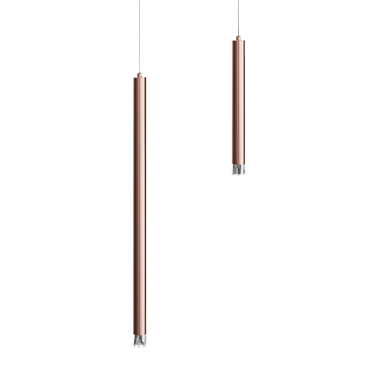 Two Micro LED Pendant Light - Copper fixtures with slim, cylindrical bodies and exposed bulbs hang against a white background, suspended by thin cords for customizable lighting.