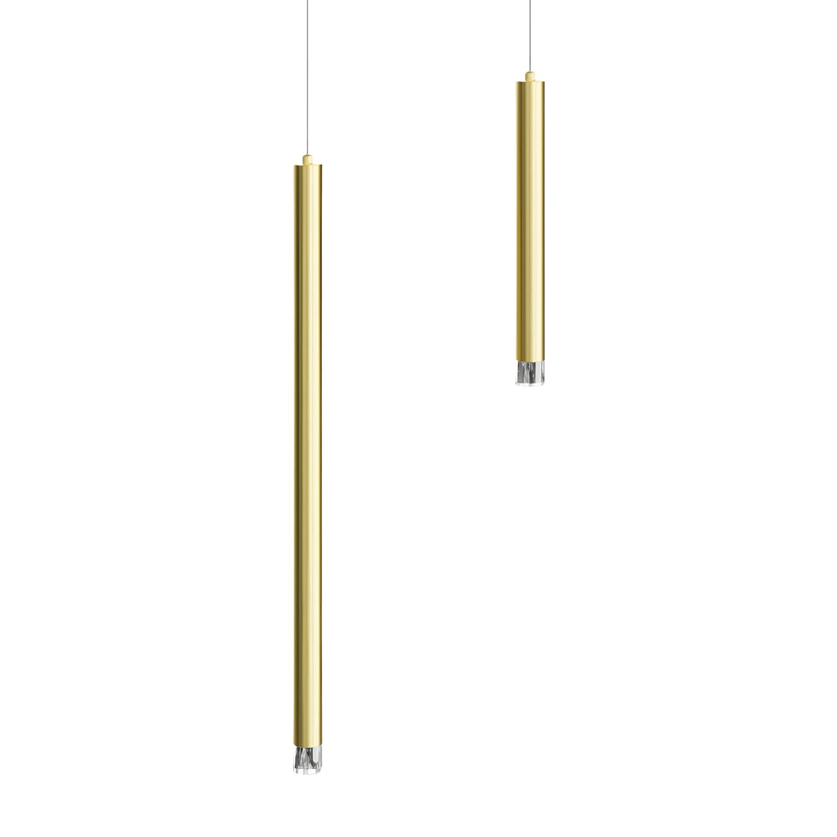 Two Micro LED Pendant Lights - Gold, featuring a slim cylindrical shape, hang from the ceiling against a white background. One light is lower and to the left, highlighting their modern design.