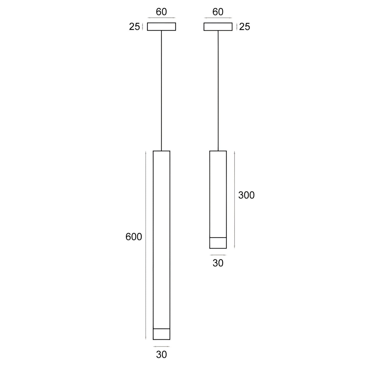 Line drawing of two vertical rectangular Micro LED Pendant Light - Silver fixtures, both 30 wide by 60 long at top; left is 600 tall, right is 300 tall, each with a 25-unit segment at the top. Sleek silver finish.