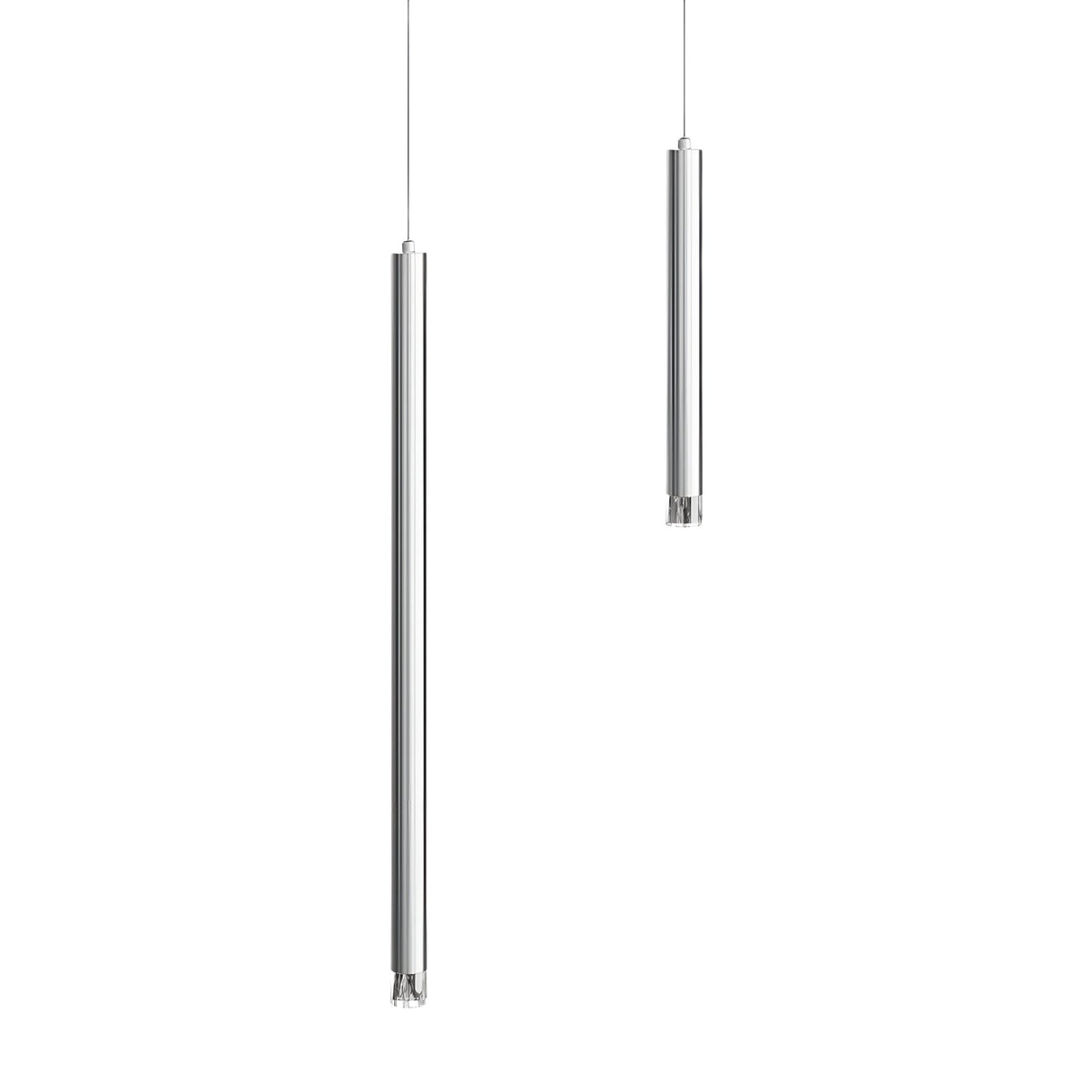 Two slim Micro LED Pendant Light - Silver fixtures with a sleek silver finish hang at varying heights, showcasing modern style against a plain white background.