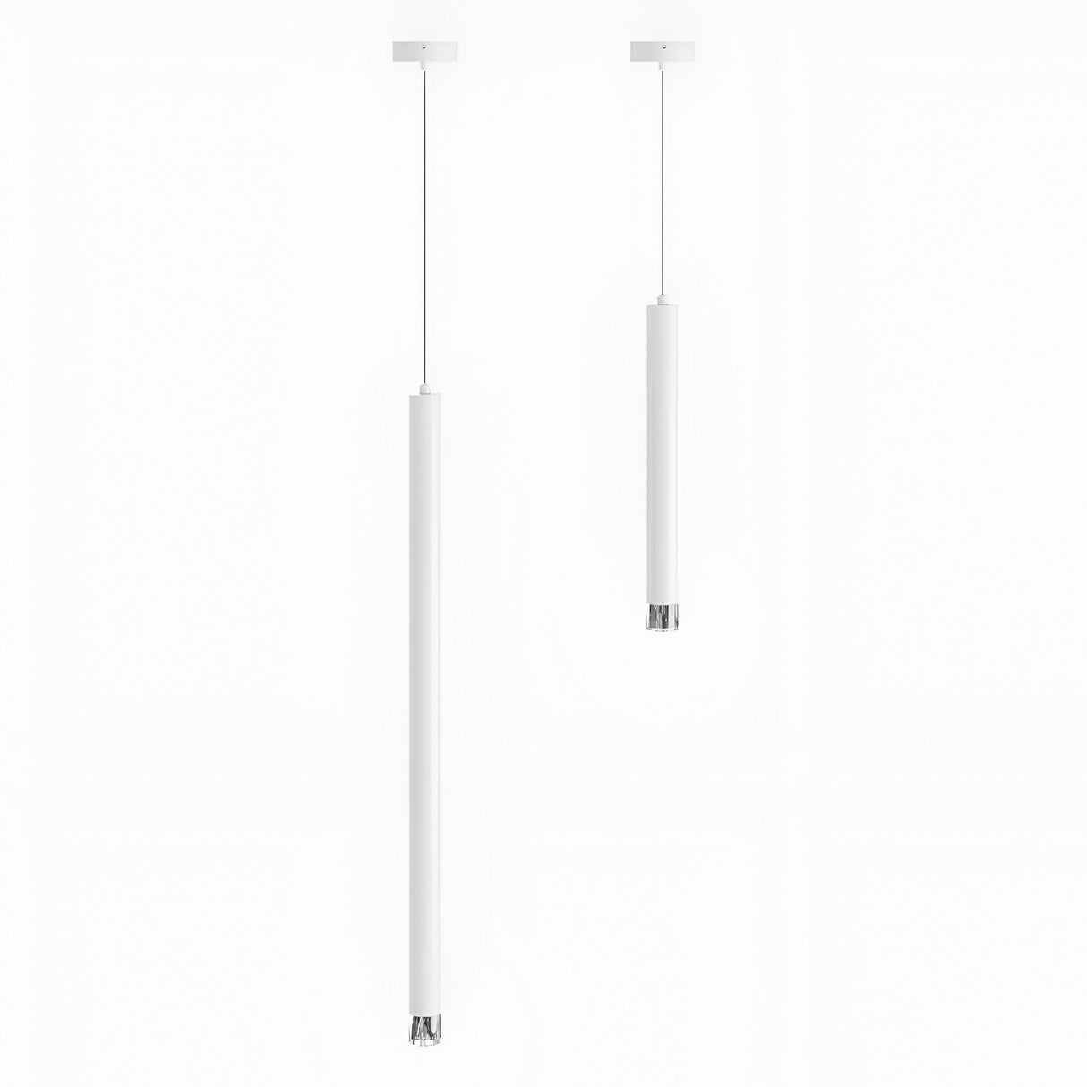 Two Micro LED Pendant Lights - White, featuring modern minimalist design with long cylindrical bodies and adjustable LED lighting, hang from the ceiling by thin cords against a plain white background.