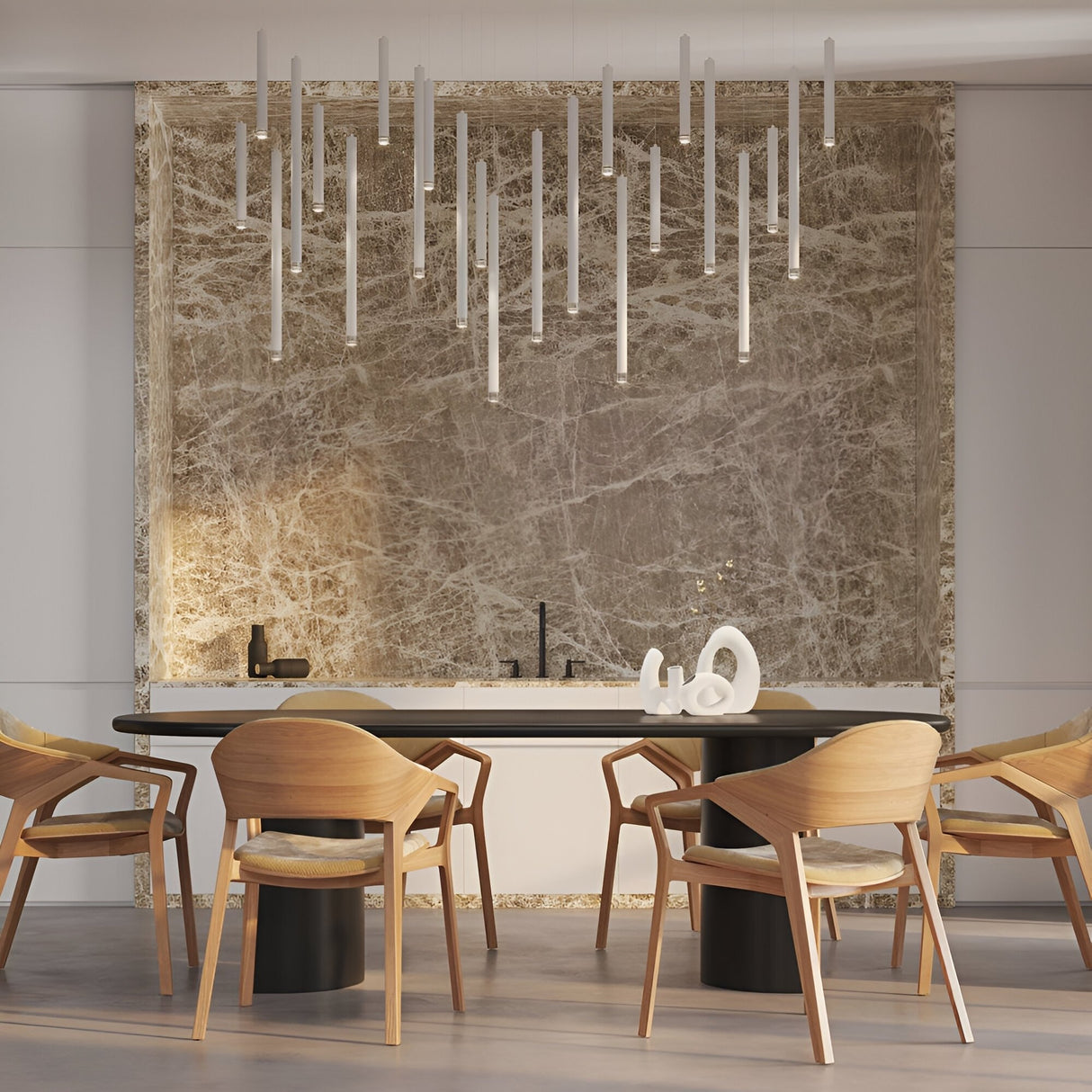 Modern dining room with six wooden chairs around a black table. A marble backsplash and abstract sculpture decorate the space, while the Micro LED Pendant Light - White hangs above for an elegant, refined look.