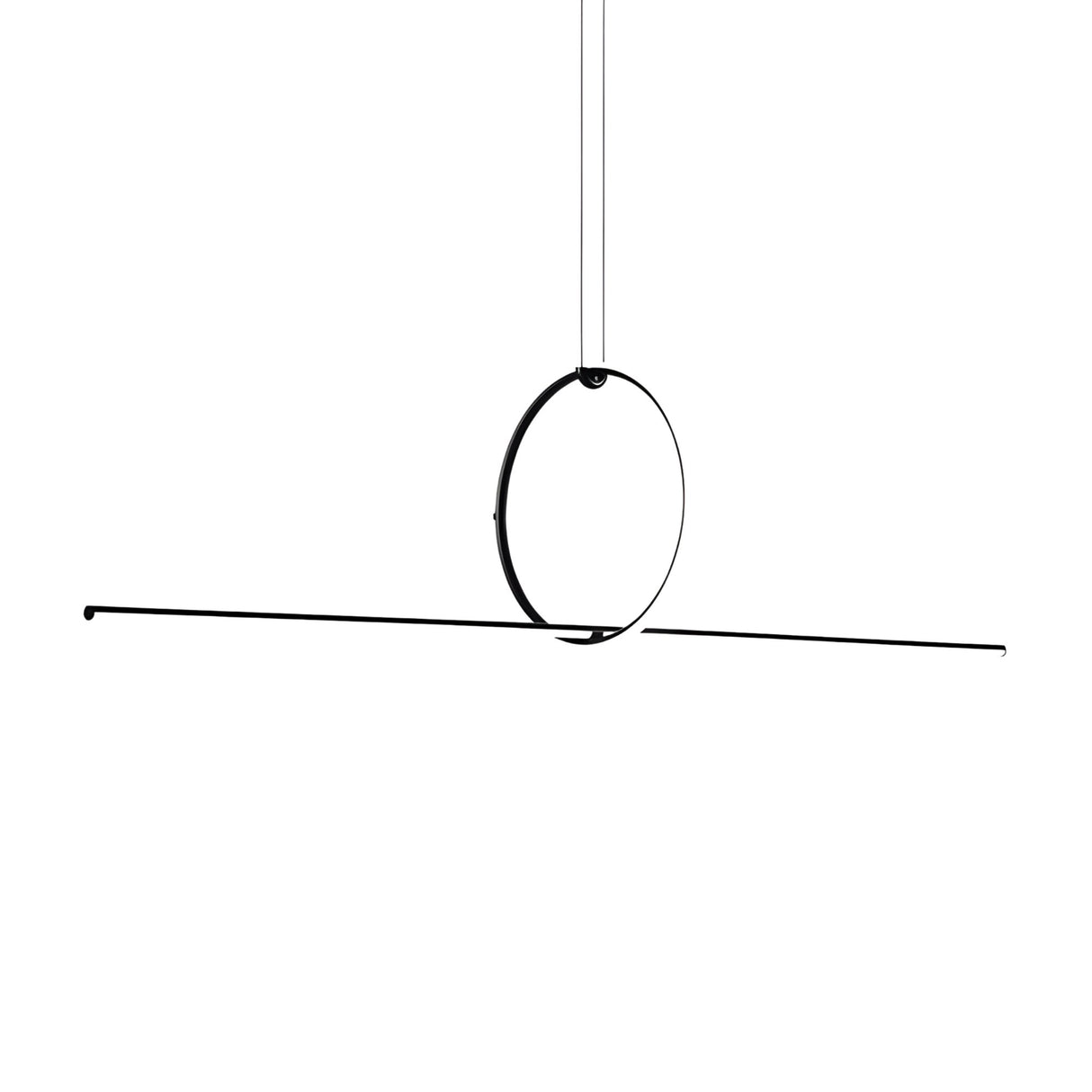 The Minimo LED Bar Circle Linear Suspension Light in black features a minimalist design with a slim horizontal bar intersecting an LED circle, suspended by two cables. Energy-efficient LEDs make it stand out beautifully against any white background.