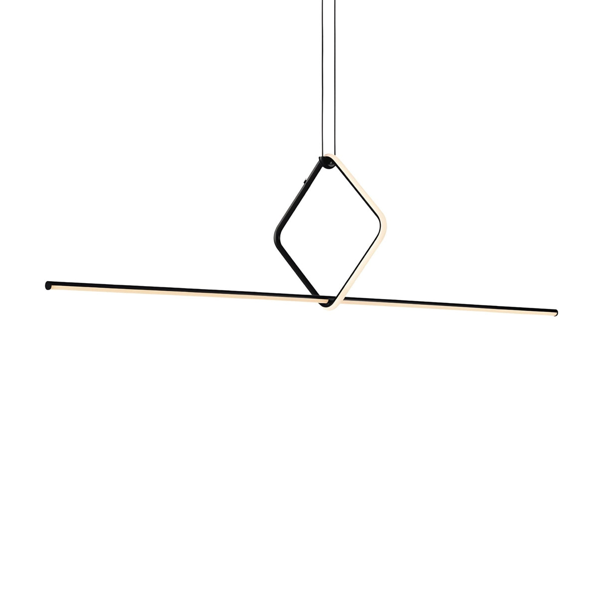 The Minimo LED Bar Square Linear Suspension Light - Black features a modern minimalist design with a slim horizontal bar and square loop suspended by black wires, offering energy-efficient LED lighting for sleek, contemporary spaces.