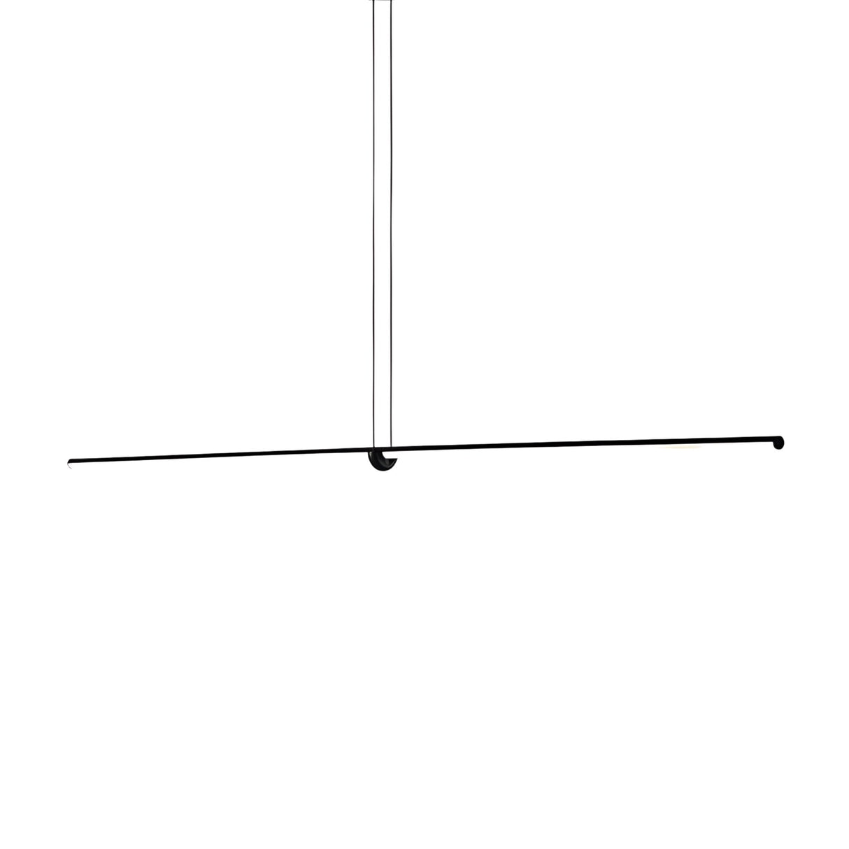 The Minimo LED Large Bar Suspension Light in black features a minimalist bar design with a long, thin pendulum suspended by two wires, creating sleek elegance against a plain white background.