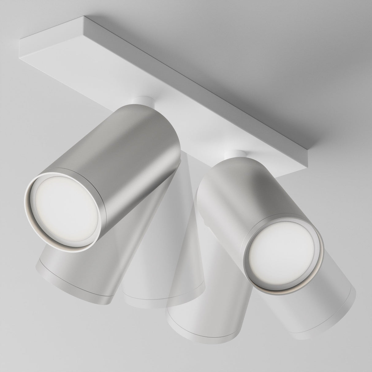 Mobility and control features of FOCUS S Twin Bar Spotlight in white and matte silver, emphasizing adjustability and flexibility