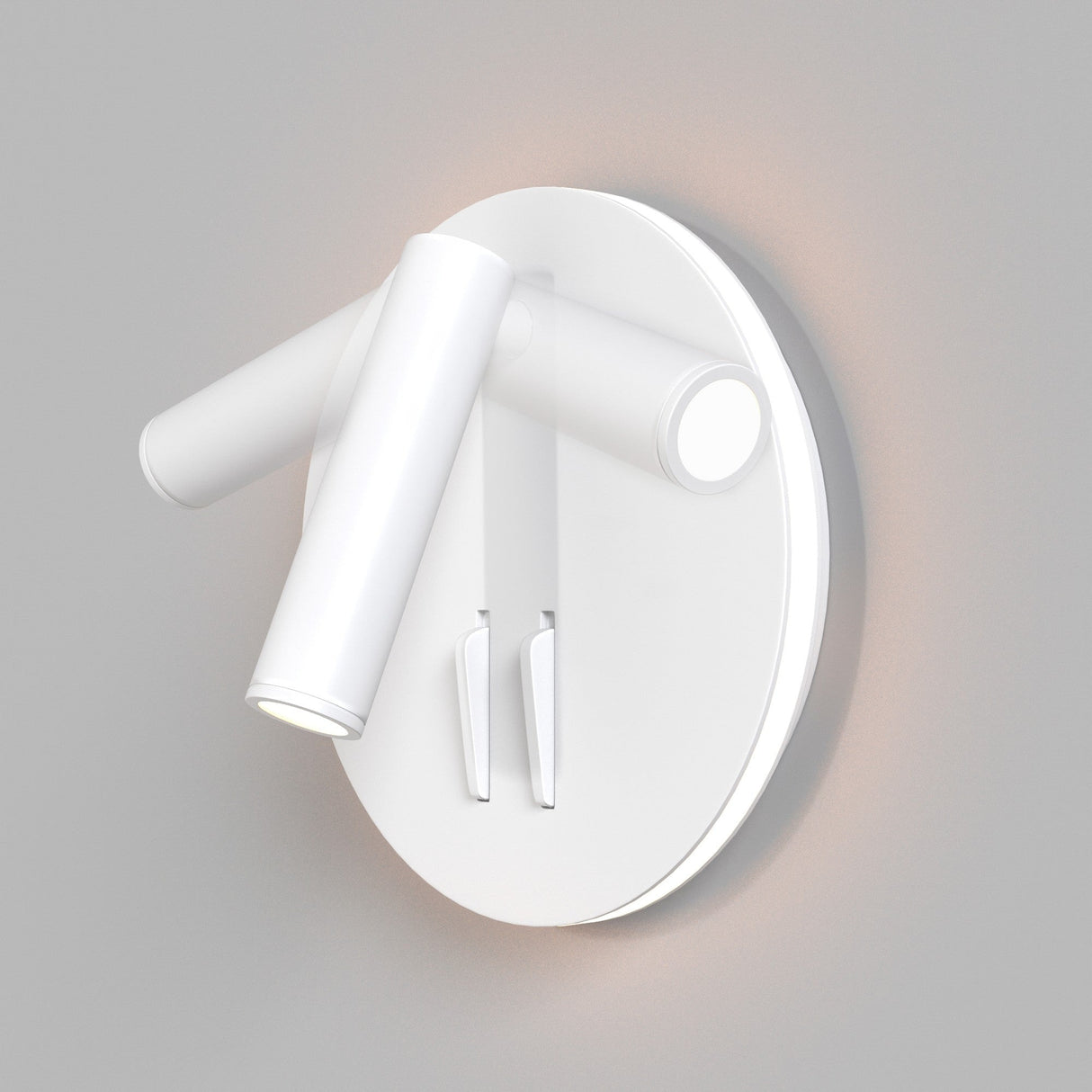 The Los 176 LED Round Wall Light in white, with a 9W 3000K output, offers a sleek and modern design. It features two adjustable cylindrical arms on a circular base, casting an energy-efficient and soft glow on the wall behind it.