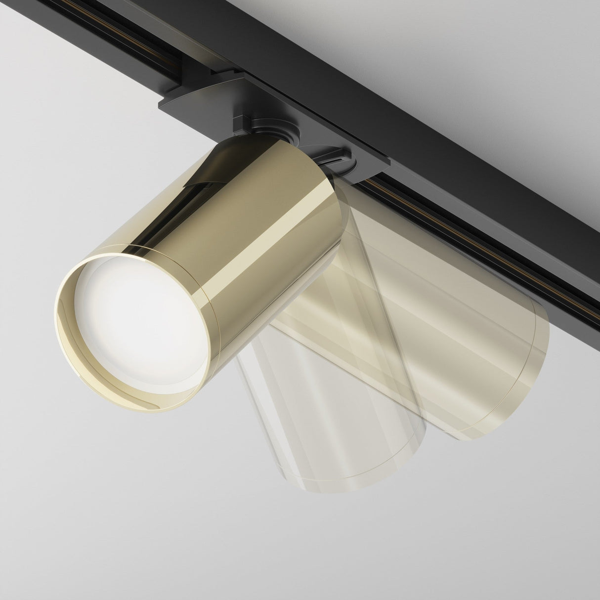 Control and mobility features of Focus S single phase Unity track spotlight in black and gold, ideal for flexible lighting options.