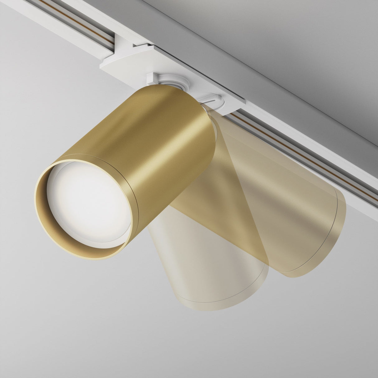 Control and mobility features of Focus S single phase Unity track spotlight in white and matte gold, ideal for flexible lighting needs.