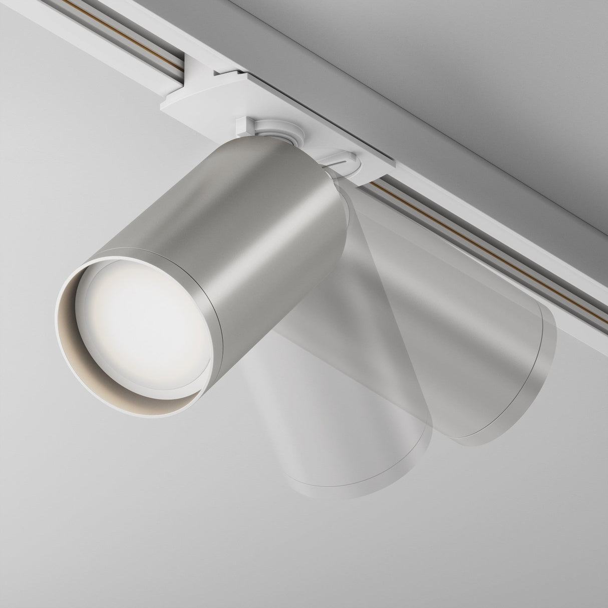 Mobility and control features of Focus S Single Phase Unity Track Spotlight in white and silver, demonstrating flexible light positioning