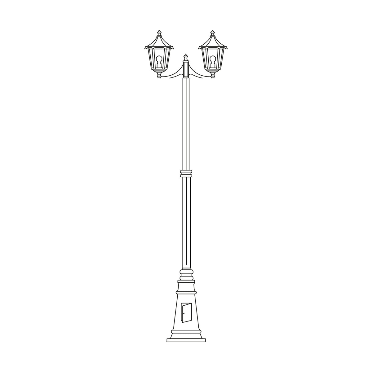 Astragal 249cm cast aluminium outdoor lamp post with 2 lantern heads, glazed glass panels, tapered column and cast plinth base, shown in black on a white background.