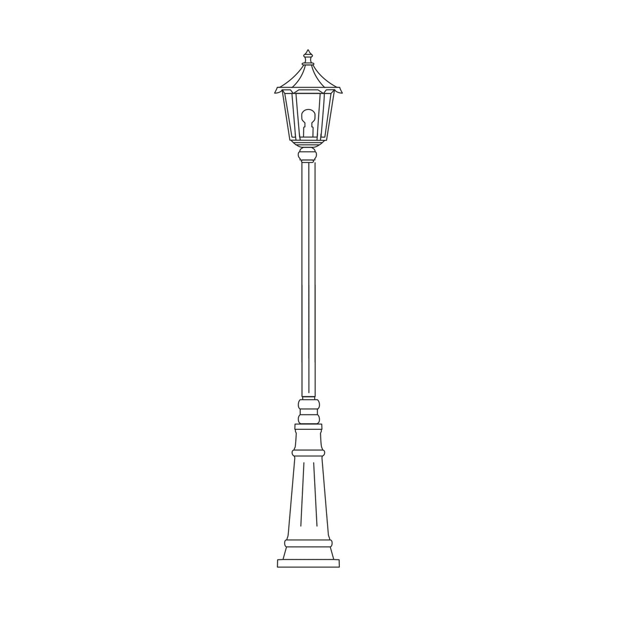Astragal Cast Aluminium Outdoor Lamp Post, 191cm tall column with glazed lantern top and swelling plinth base, line drawing on a white background.