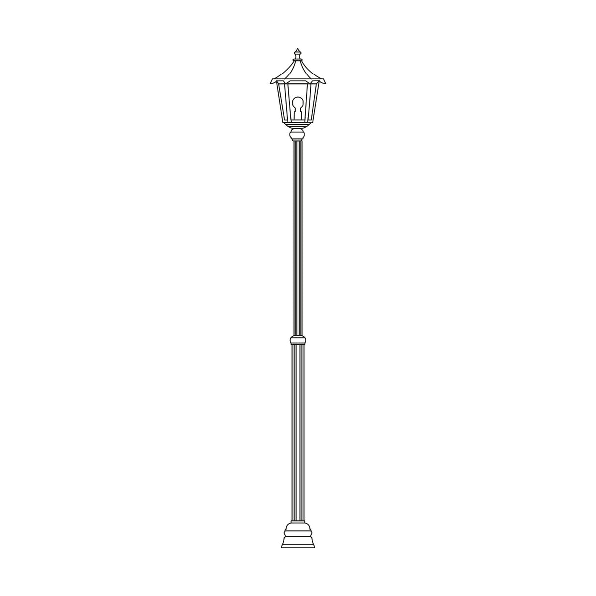 Astragal outdoor lamp post line drawing showing a tall fluted column with base plate and a glazed hexagonal lantern top, single E27 light, on a plain white background.