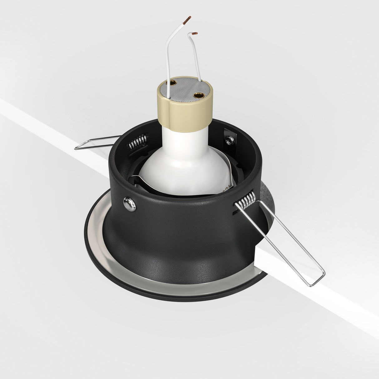 The Yin Round Recessed Downlight - Black features a sleek black metal housing with two spring clips, a white dimmable bulb holder, and two exposed wires at the top set against a plain white backdrop.