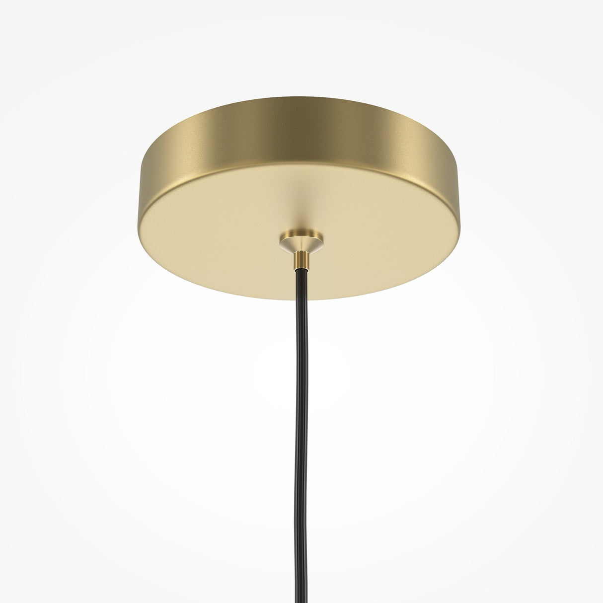A close-up of the Pro Focus Thin Pendant Light - Gold showcases its round, brushed gold metal base and a black cord extending downward, with a minimalist design set against a plain white background.