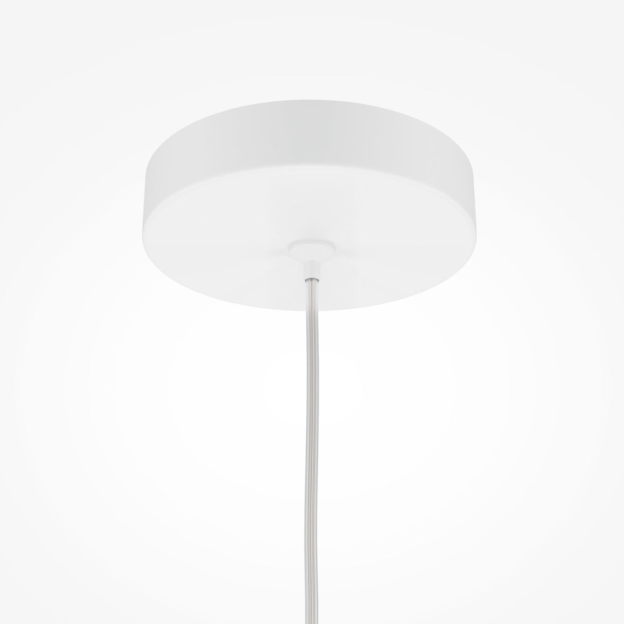 The Pro Focus Thin Pendant Light - White hangs from a white ceiling, featuring a round base and sleek cable. It offers ambient lighting with a minimalist design that complements contemporary aesthetics.