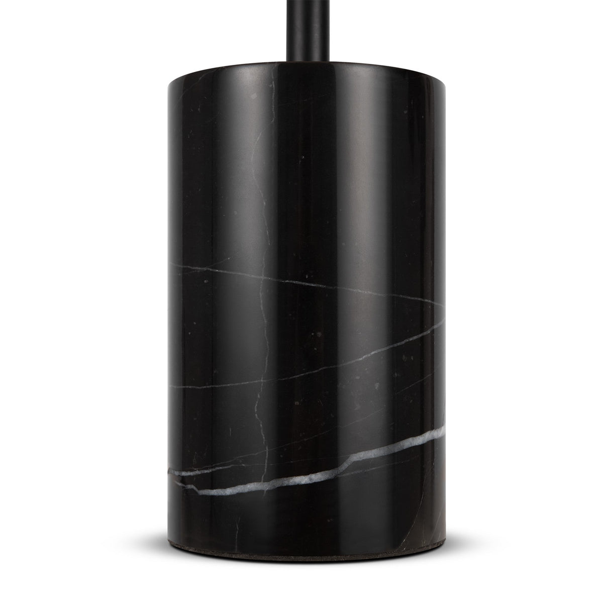 The Kyoto LED Table Lamp - Black has a black marble base with white veining, supporting a sleek cylindrical design topped with a vertical black rod, embodying minimalist elegance.