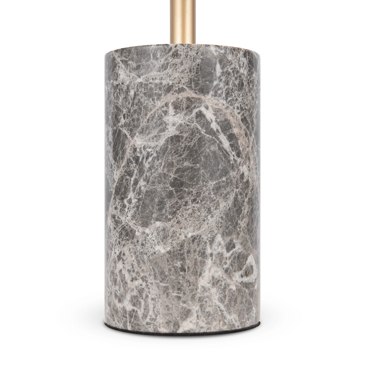 The Kyoto LED Table Lamp combines a textured grey marble cylindrical base with white veins and a slender gold rod, accentuated by a gold metal frame, offering a modern and elegant design.