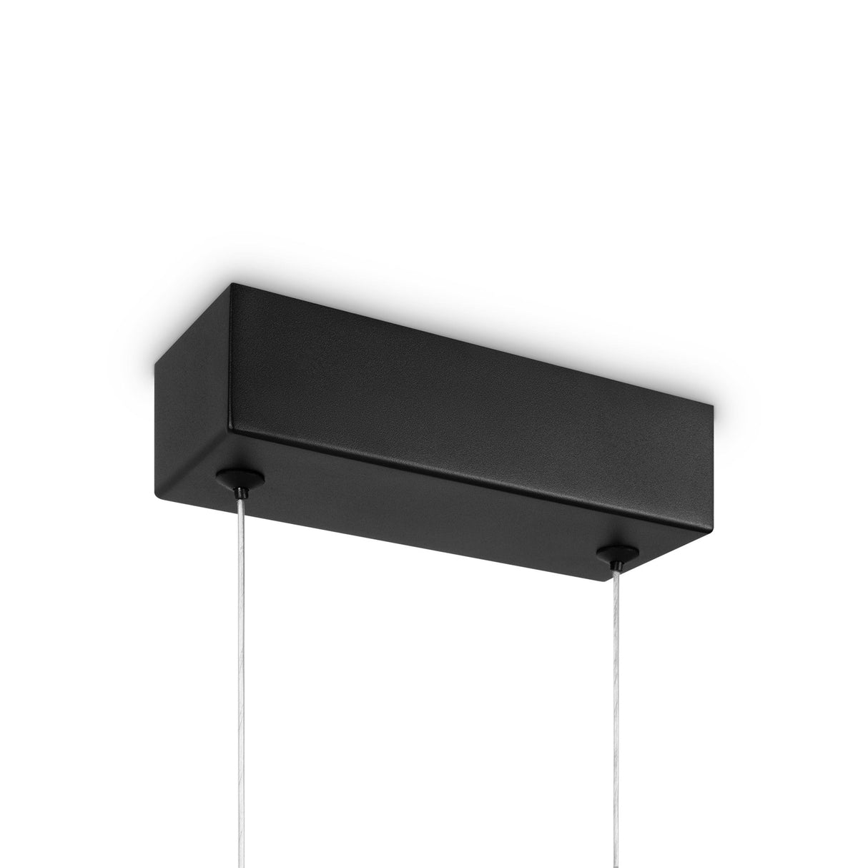 The Skyline LED Linear Suspension Light - Black & White is a rectangular fixture with two thin cables. Its minimalist design allows for adjustable suspension height and elegant mounting on a white ceiling.