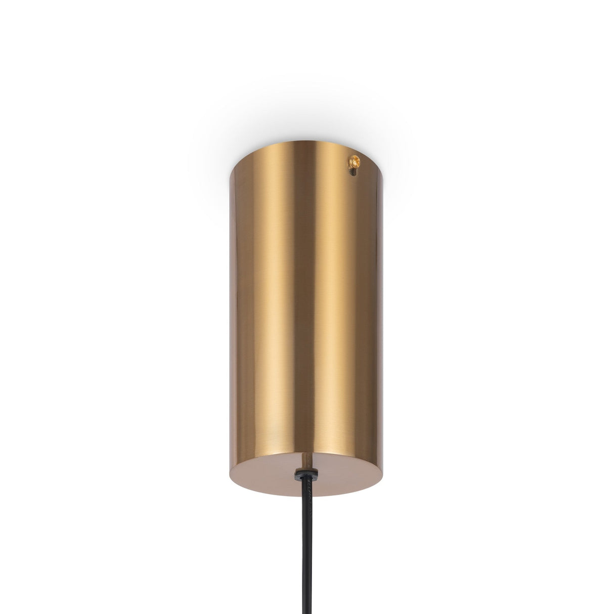 The Imaginary Chain Pendant Light - Gold is a sleek, cylindrical fixture with a smooth gold surface, hanging from a black cord. It features energy-efficient LED technology, casting a soft glow against a plain white background.