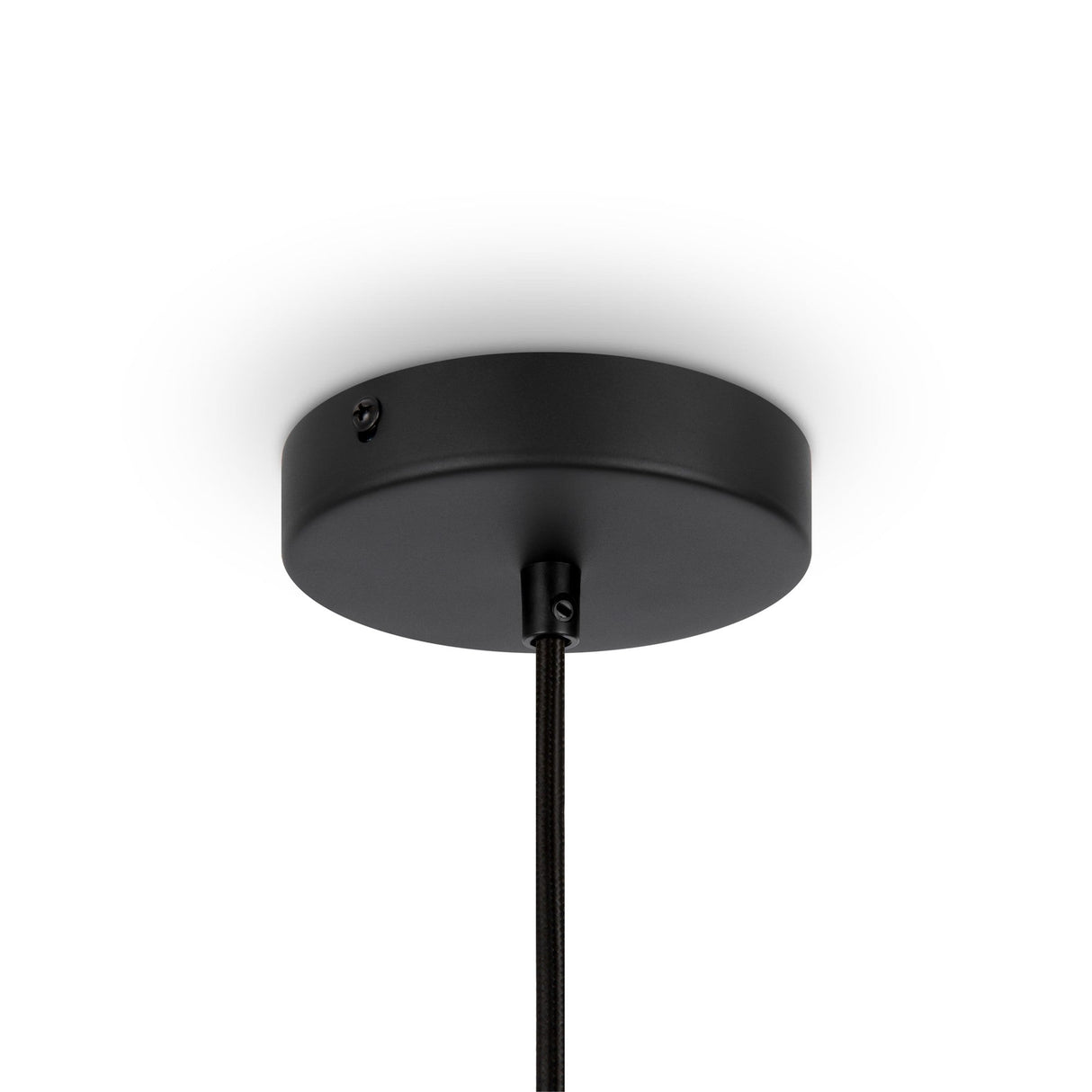A black ceiling mount with a suspended cable supports the beige wooden cone dome shade from the Roots Pendant Light 20cm collection, showcased against a plain white background.