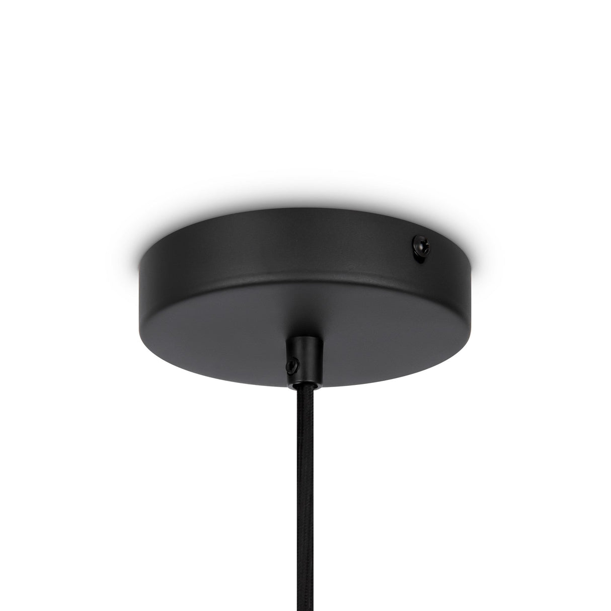 Close-up of a black ceiling light fixture with a circular base, showcasing a sleek modern look. A black cord hangs down from the center, reminiscent of the Roots Pendant Lamp 20cm in Black with Beige Wooden Round Dome Shade, elegantly mounted on a plain white ceiling.
