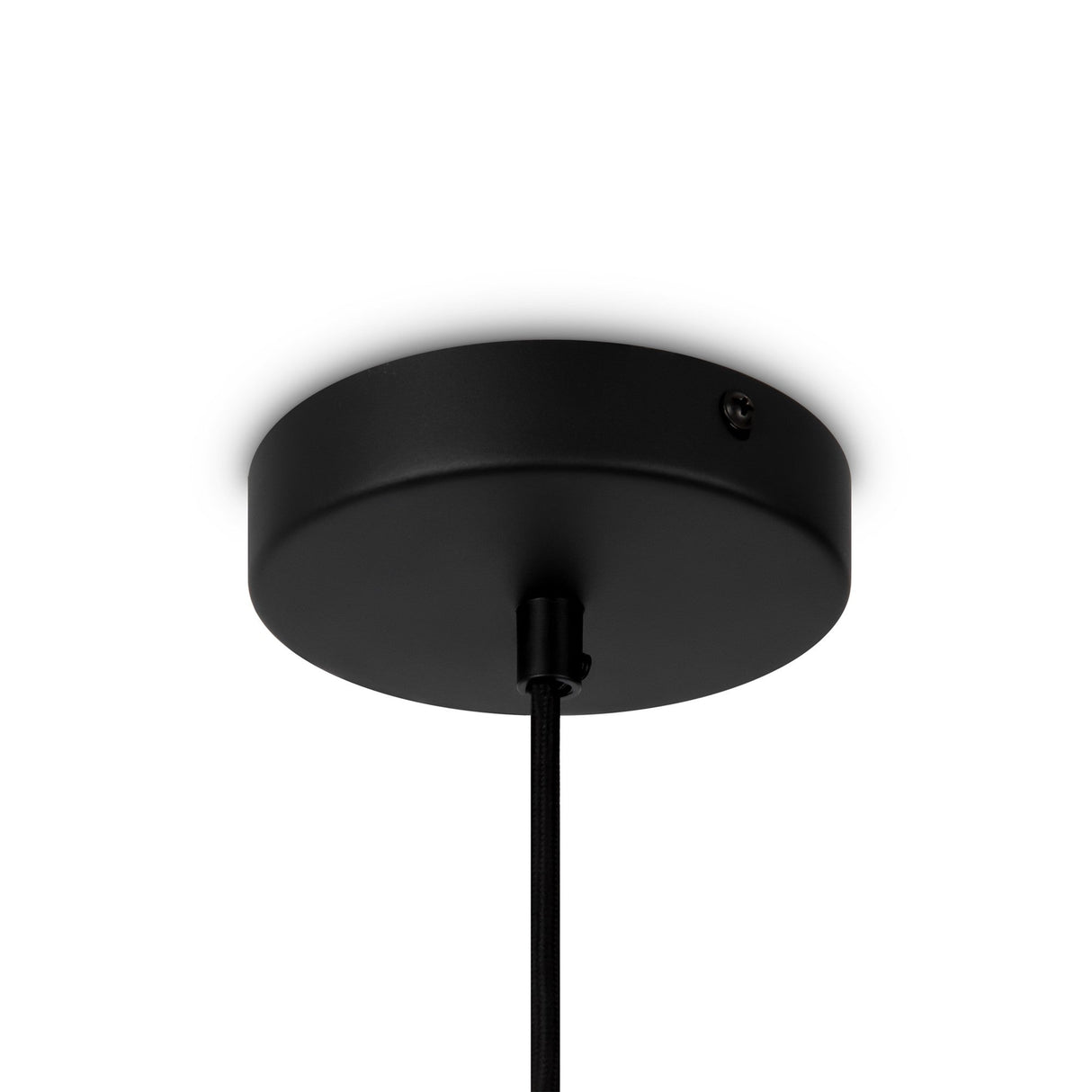 The Roots Pendant Light 45cm features a round, matte black base with a sleek black cord, complemented by a beige wooden half-dome shade. This modern design offers an elegant contrast against the white ceiling for a contemporary aesthetic.
