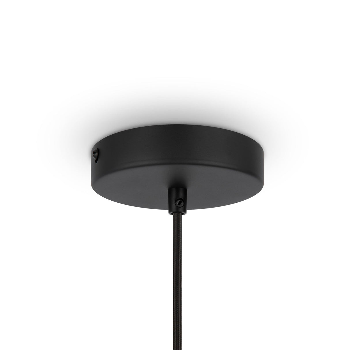 The Roots Pendant Light 43cm features a black ceiling canopy with a single cord, elegantly mounted on a white ceiling. This piece, part of the Black & Natural Wood Sphere Rings collection, beautifully complements modern nature decor.