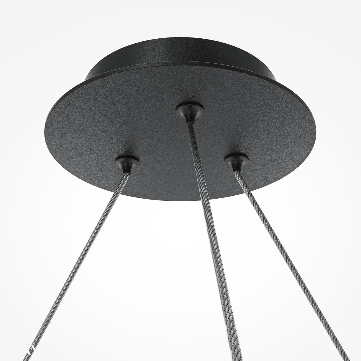 The Balance 6 Light Suspension features an industrial flair with three metal cables extending from a round black base, showcasing a sleek design against a white background, complemented by opal globes.